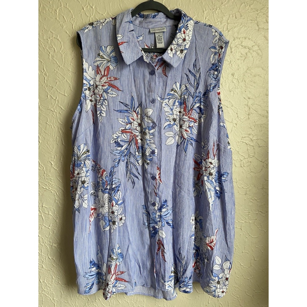 NWT Catherine's Woman 3X Plus Sleeveless Blue Floral Vest Beachy Blouse Top